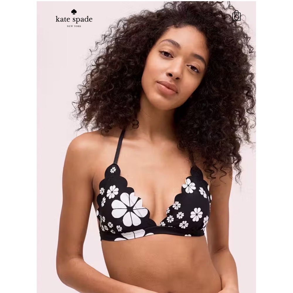 Kate Spade Scalloped Triangle Bikini Top Black White Floral Retro Halter Swim M